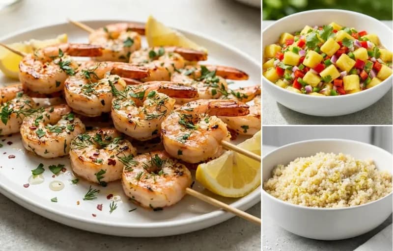 Lemon Herb Shrimp Skewers, Pineapple Salsa and Quinoa