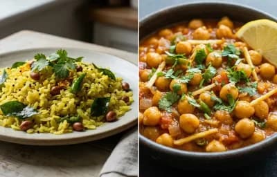 Lemon Poha with Spiced Chickpeas