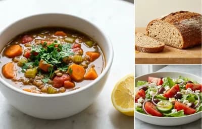 Lentil Soup with Whole Grain Bread with Greek Salad