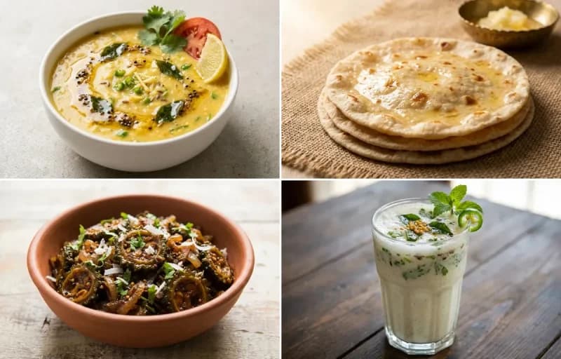 Mag ni Dal, Rotli, Karela nu Shaak and Masala Chaas
