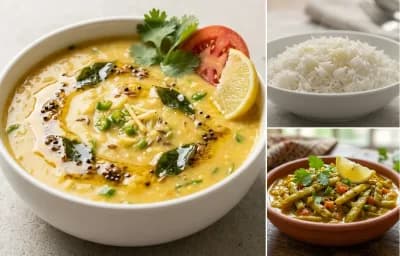 Mag ni Dal with Steamed Basmati Rice and Gavar nu Shaak