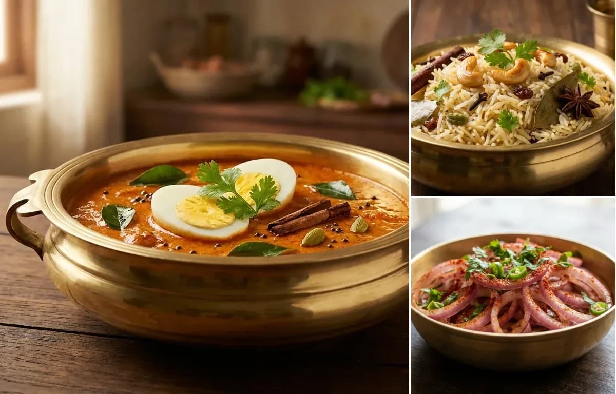 Malabar Egg Curry, Ghee Rice and Onion Salad
