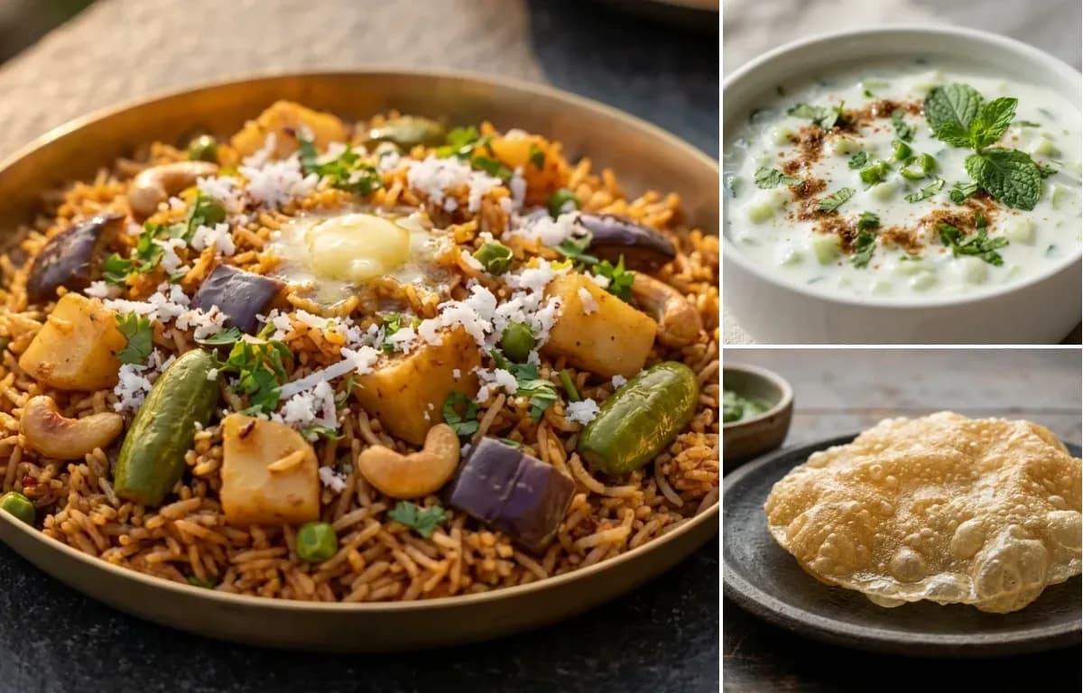 Masale Bhaat, Cucumber Raita and Appalam