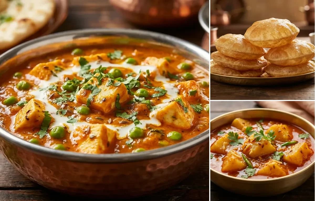 Matar Paneer, Puri and Aloo Rasedar