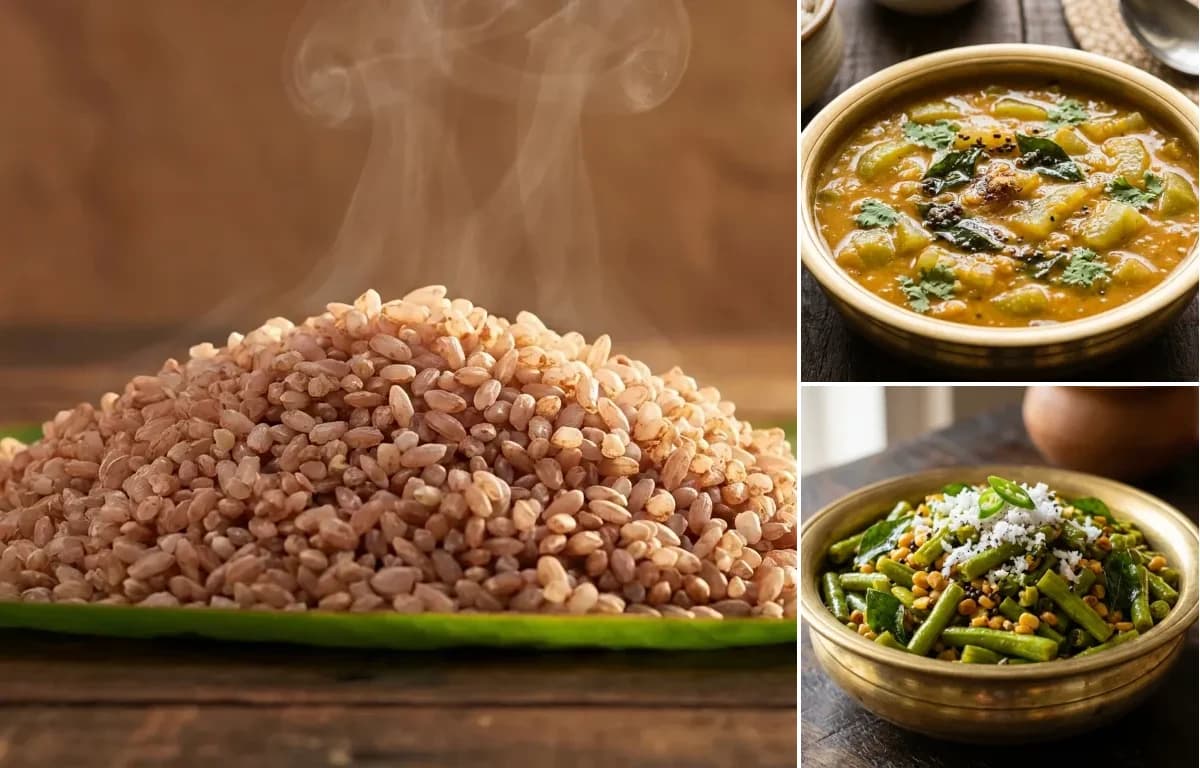 Matta Rice, Mogekayi Huli and Long Beans Palya