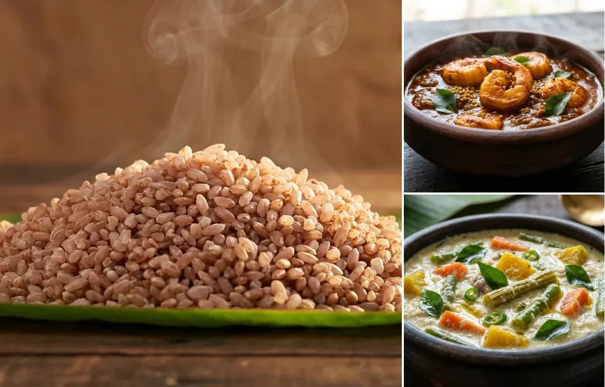 Matta Rice, Prawns Theeyal and Avial