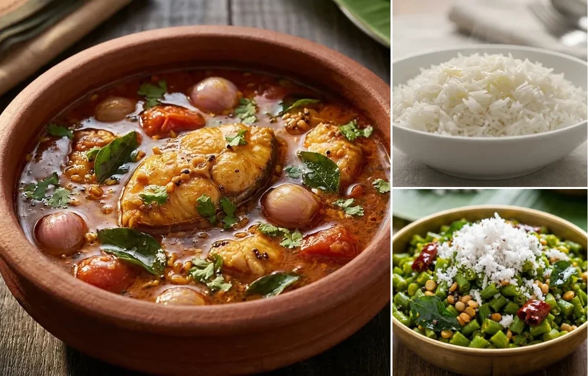 Meen Kuzhambu, Steamed Basmati Rice and Beans Poriyal