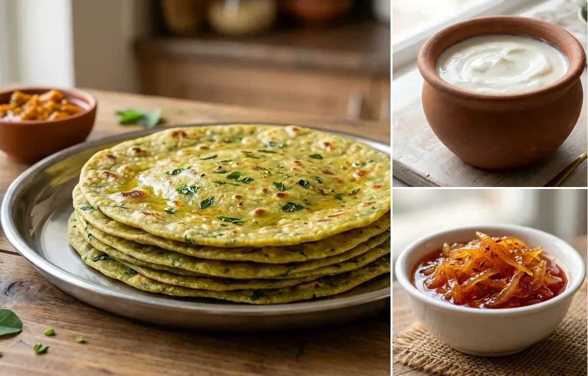 Methi Thepla, Curd and Gujarati Chhundo