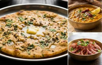 Missi Roti with Panchmel Dal and Onion Salad