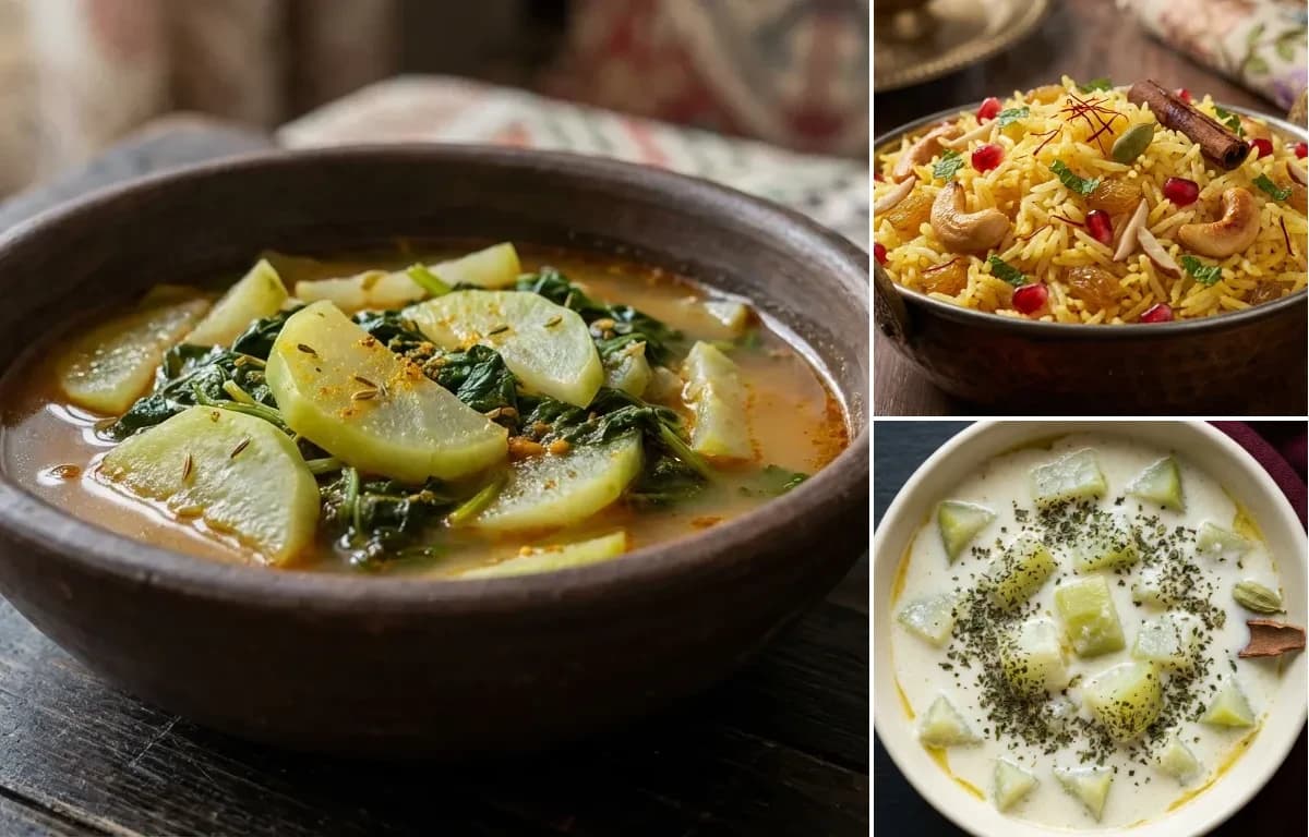Monji Haak, Kashmiri Pulao and Kashmiri Lauki Yakhni