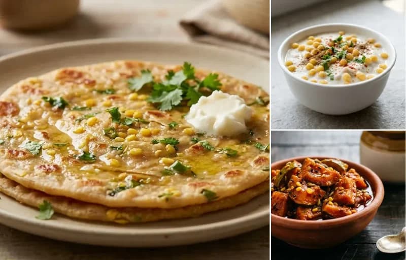 Moong Dal Paratha, Boondi Raita and Mango Pickle