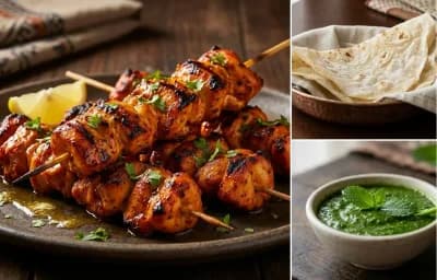 Murg Soola Kebab, Roomali Roti and Mint Chutney