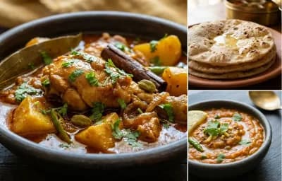 Murgir Mangxor Jul with Roti and Vegetable Bhaji