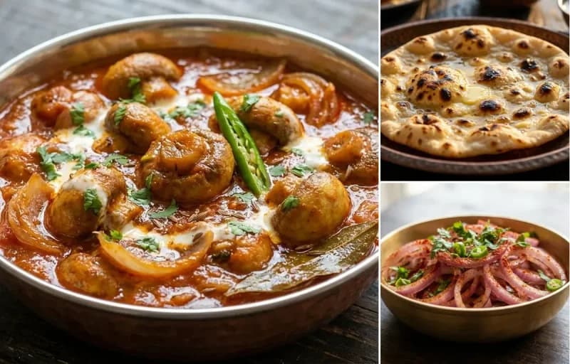 Mushroom Do Pyaza, Tandoori Roti and Onion Salad