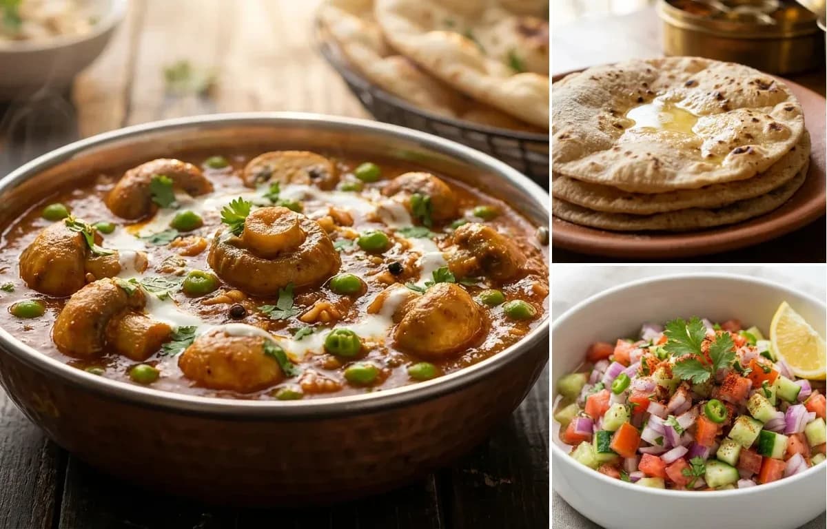 Mushroom Matar, Roti and Kachumber Salad