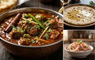 Mutton Boti Curry with Jonna Rotte and Onion Lachha Salad