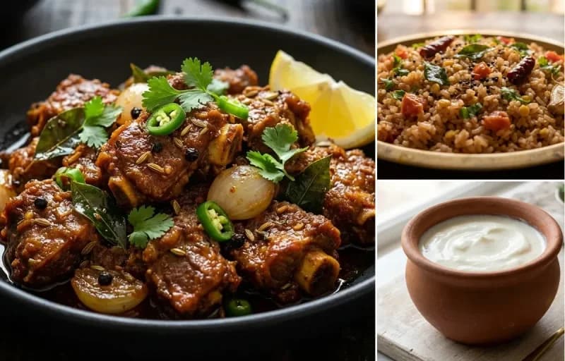 Mutton Chukka Varuval, Rasam Rice and Curd