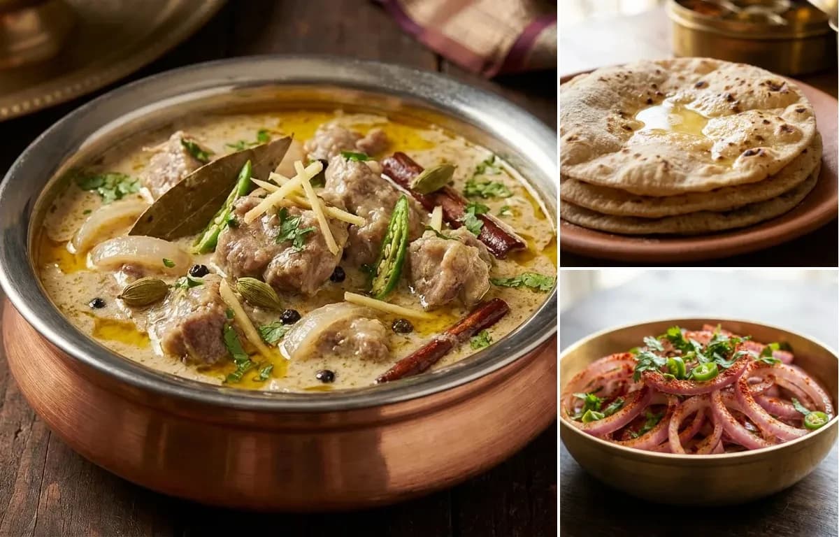 Mutton Ishtew, Roti and Onion Salad