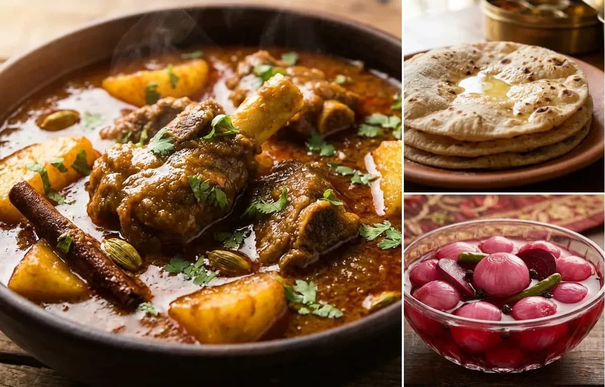Mutton Kalia, Roti and Sirka Pyaz