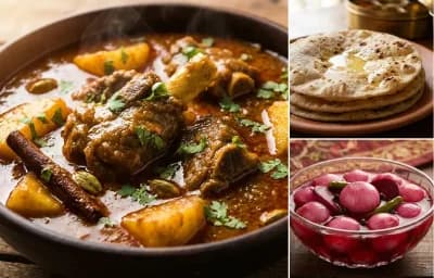 Mutton Kalia with Roti and Sirka Pyaz