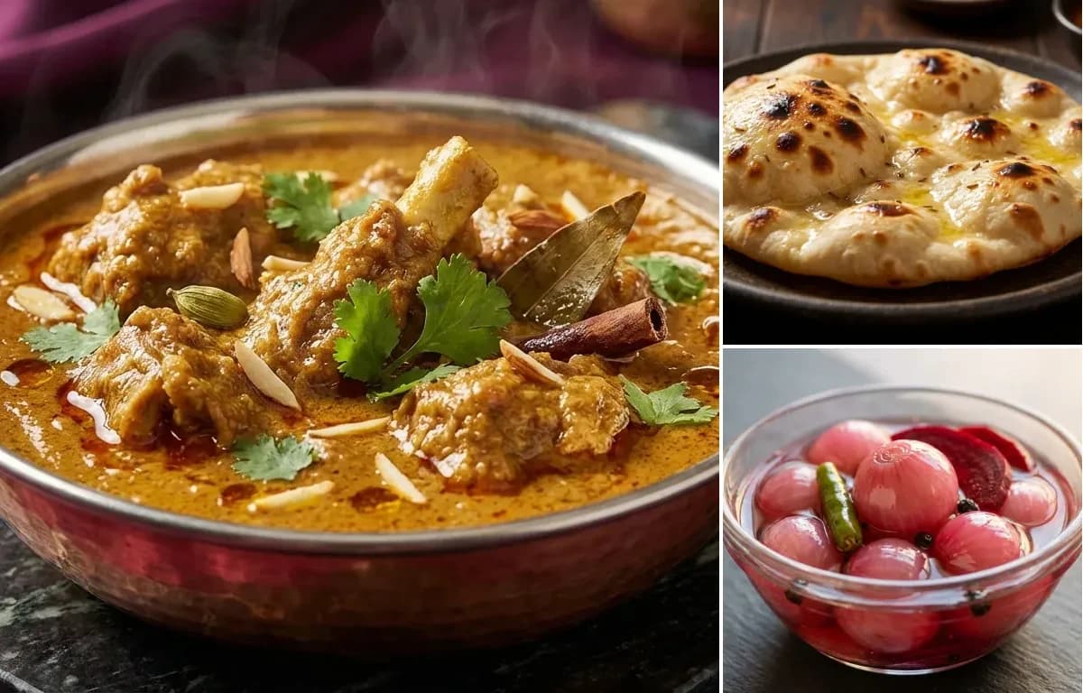Mutton Korma, Khamiri Roti and Sirke Wale Pyaz