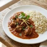 Mutton Rogan Josh, Jeera Rice and Cucumber Raita