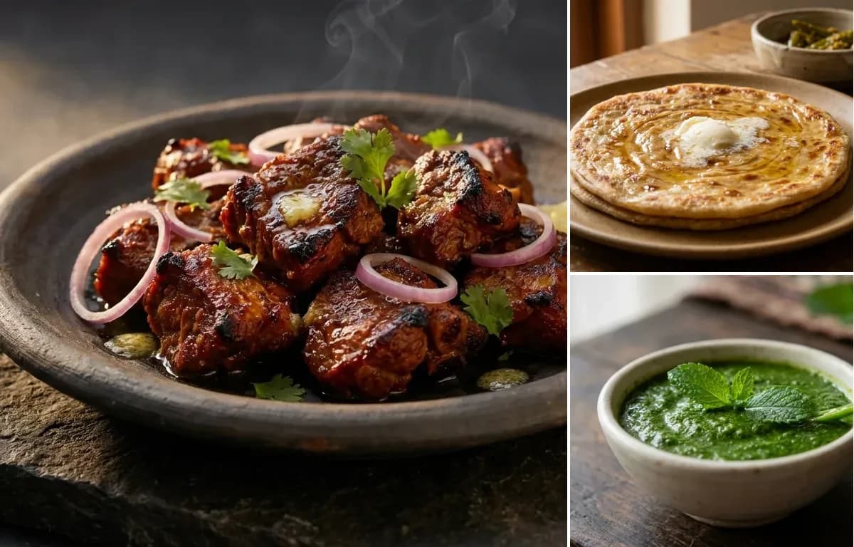 Mutton Soola, Paratha and Mint Chutney
