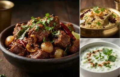Mutton Sukka with Ghee Rice and Cucumber Raita