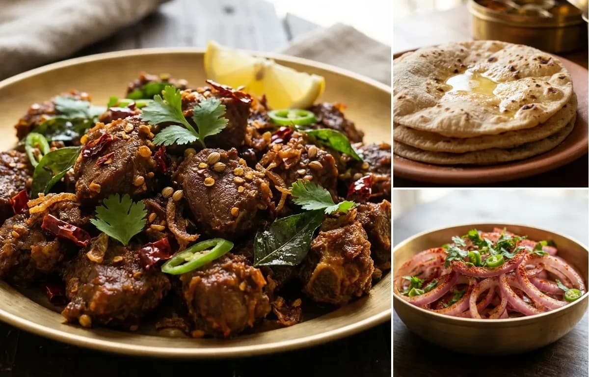 Mutton Vepudu, Roti and Onion Salad