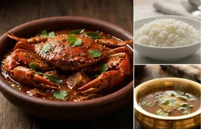 Nandu Masala with Steamed Basmati Rice and Pepper Rasam
