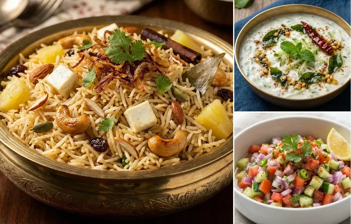 Navratan Pulao, Raita and Kachumber Salad