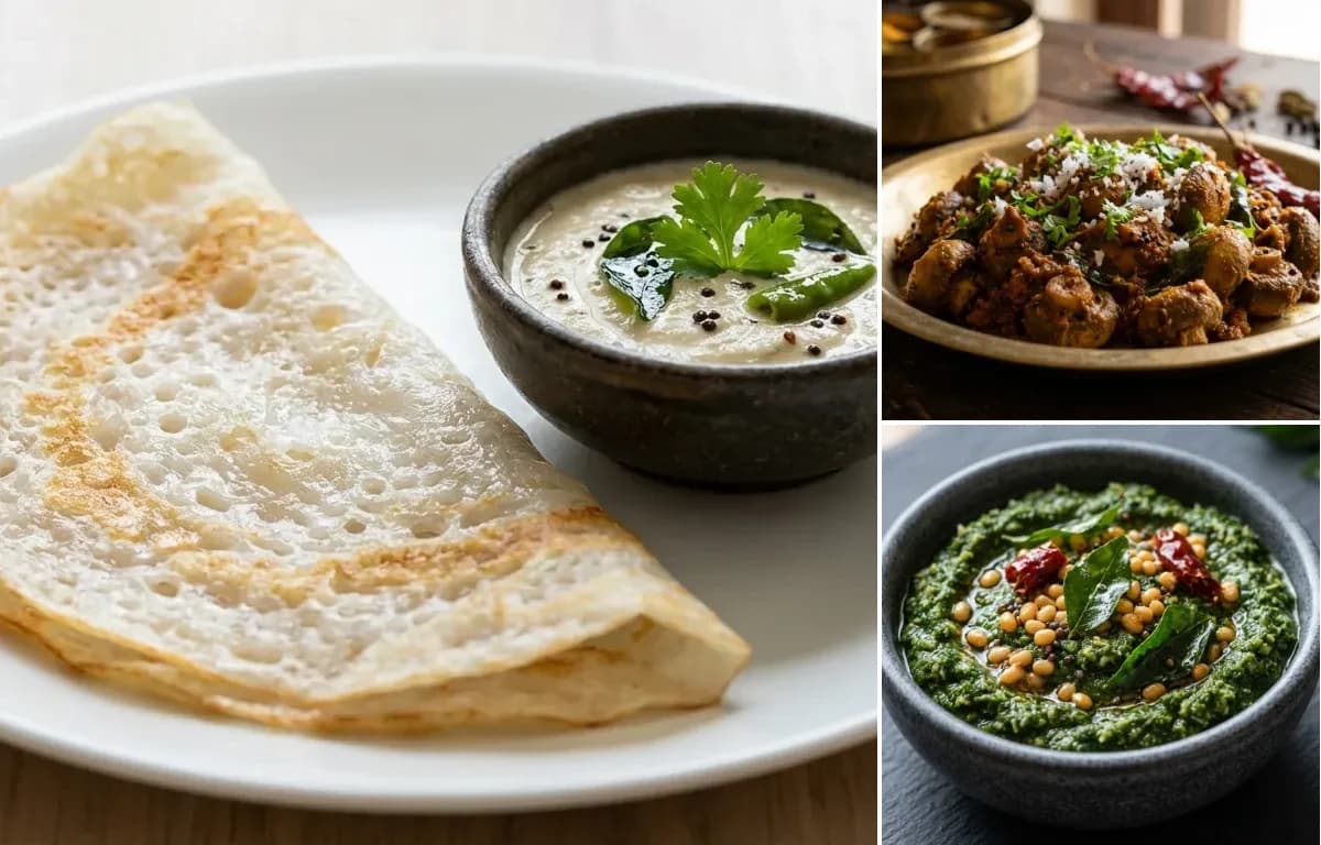 Neer Dosa, Mushroom Sukkha and Thimare Chutney
