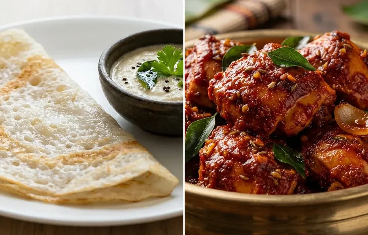 Neer Dosa with Chicken Ghee Roast