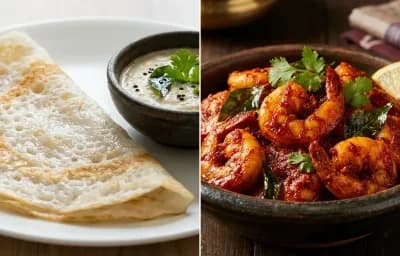 Neer Dosa with Prawn Ghee Roast