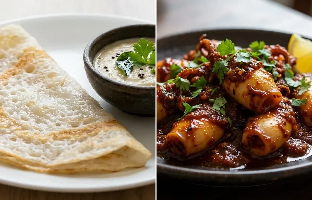 Neer Dosa with Squid Ghee Roast