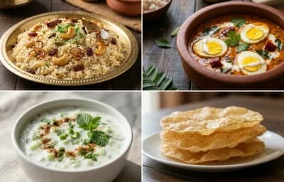 Neychoru with Kerala Egg Curry, Cucumber Raita and Pappadam