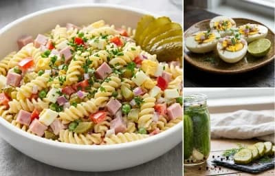 Nudelsalat with Hard Boiled Eggs and Dill Pickles