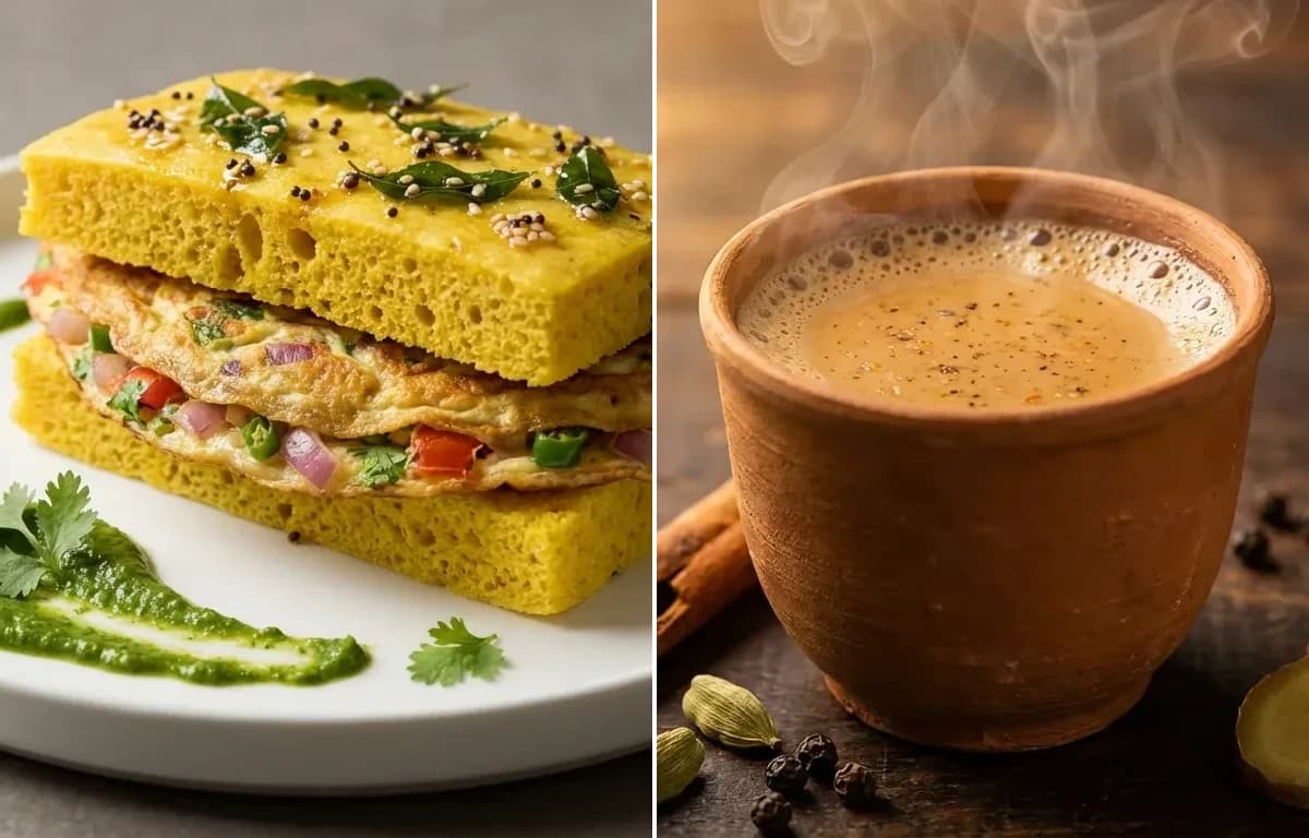 Omelette Dhokla Sandwich with Masala Chai