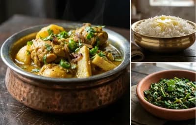 Ou Tenga Chicken with Joha Rice and Xaak Bhaji