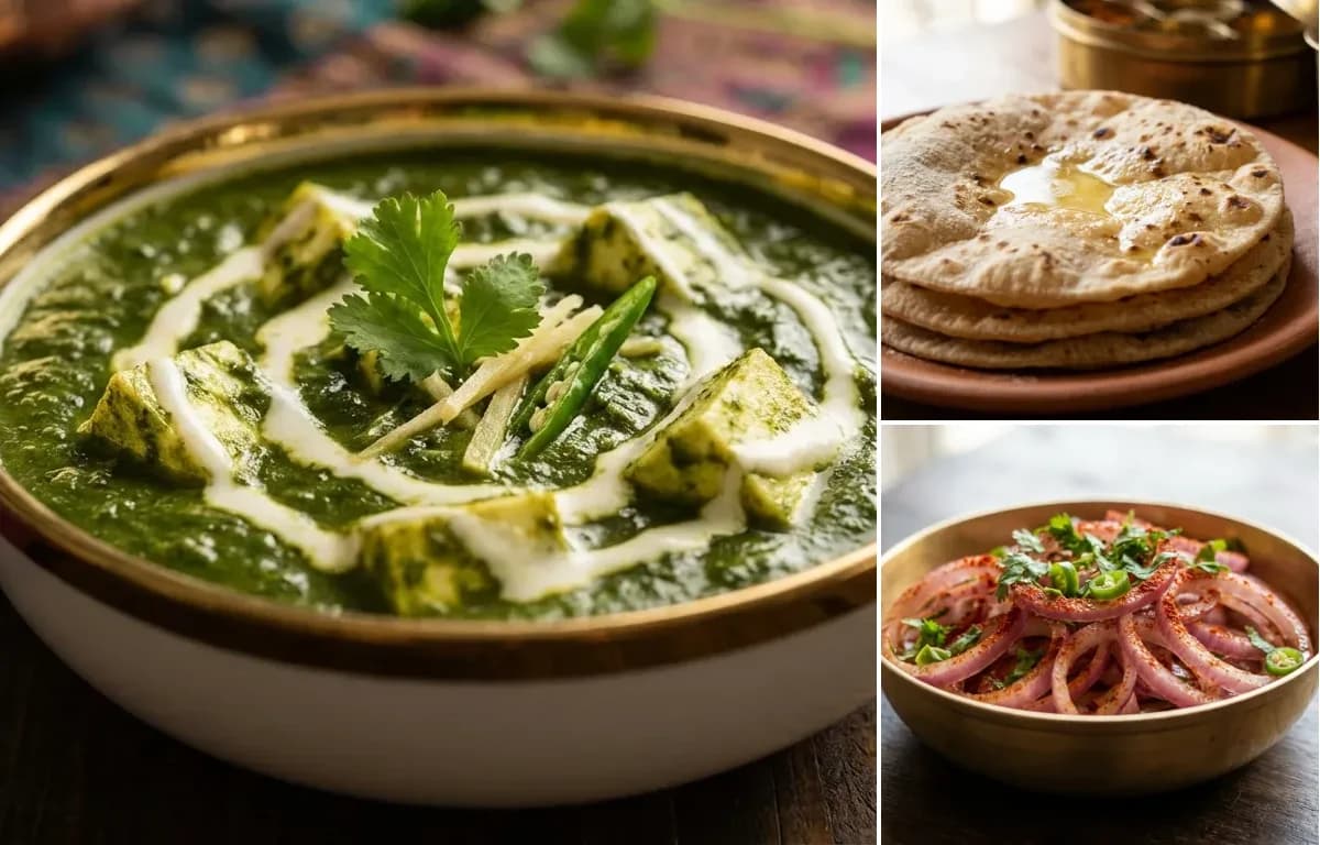 Palak Paneer, Roti and Onion Salad
