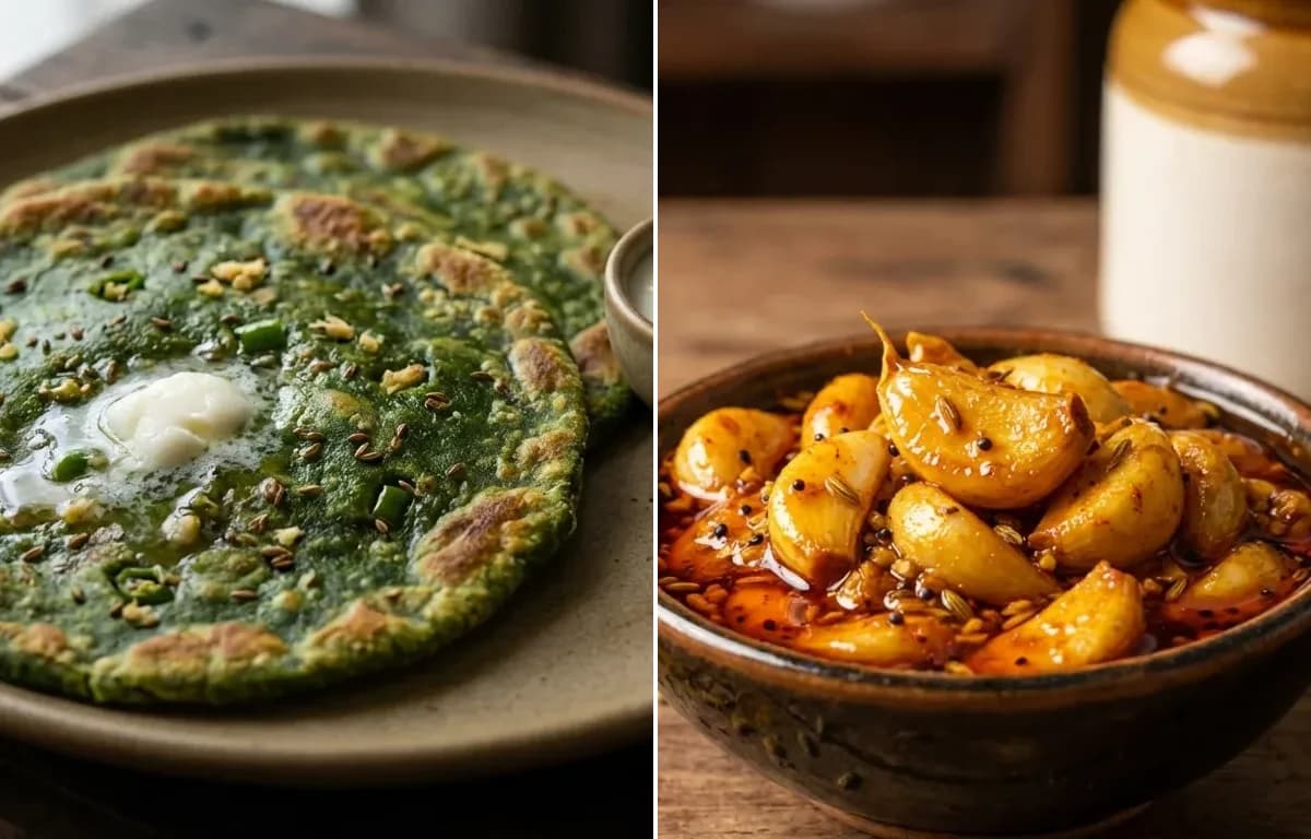 Palak Paratha with Garlic Pickle