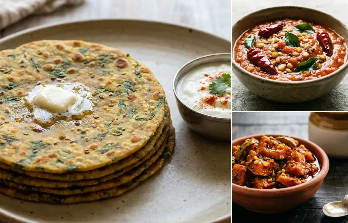 Palak Thepla, Tomato Chutney and Mango Pickle