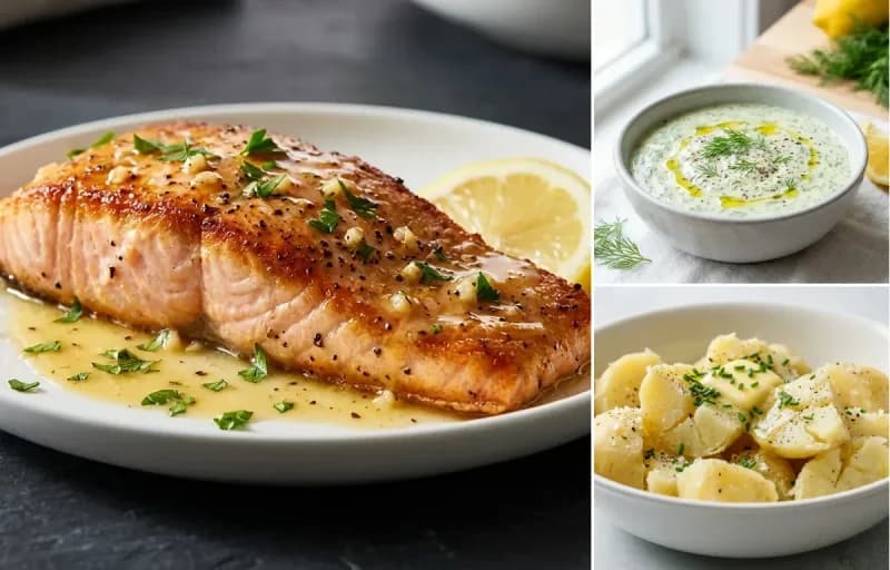 Pan-Seared Salmon, Dill Sauce and Boiled Potatoes