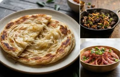 Parotta with Kerala Beef Fry and Onion Salad