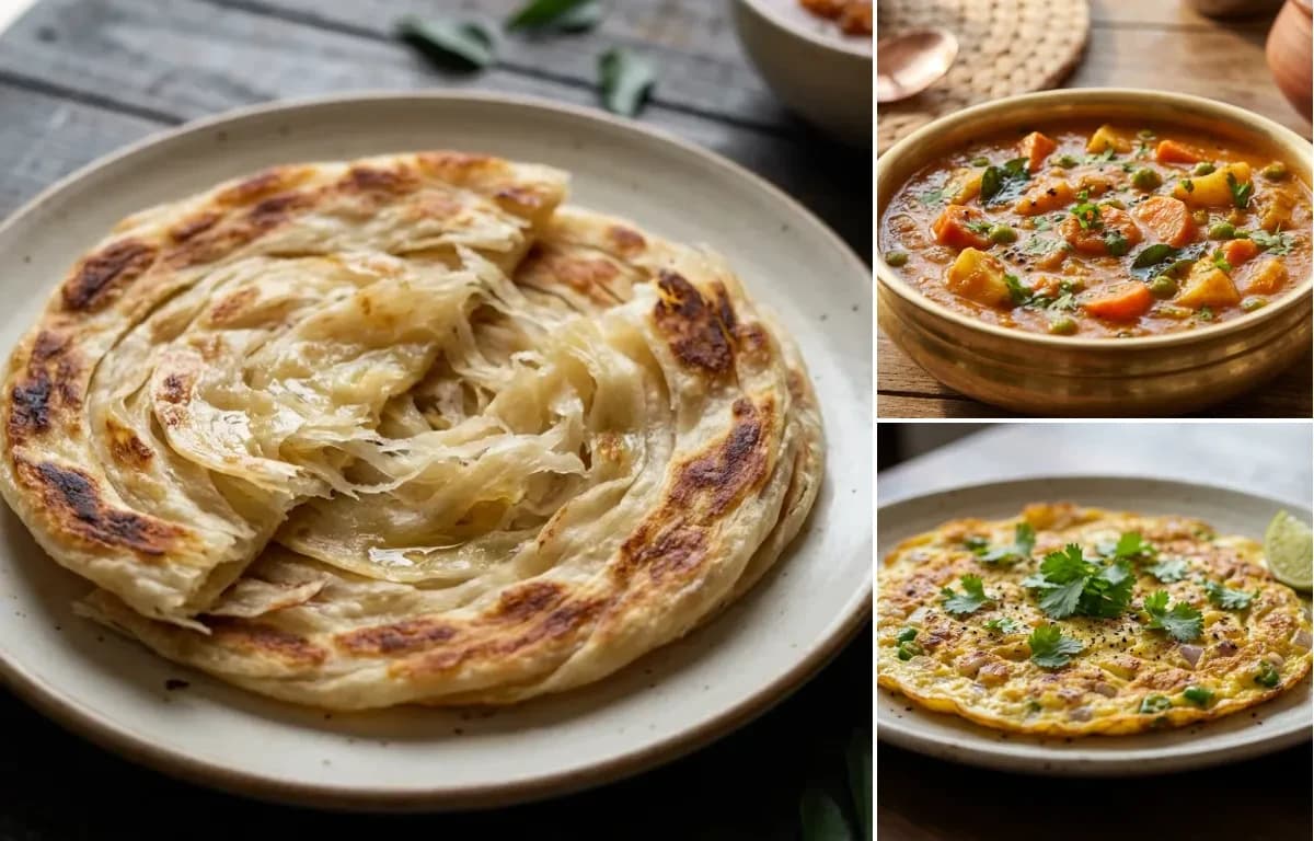 Parotta, Vegetable Salna and Muttai Omelette