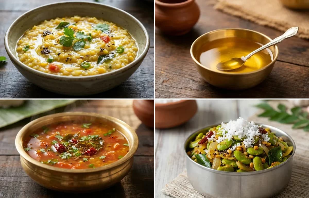Paruppu Sadam, Ghee, Tomato Rasam and Avarakkai Poriyal