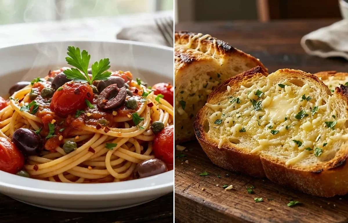 Pasta Puttanesca with Garlic Bread