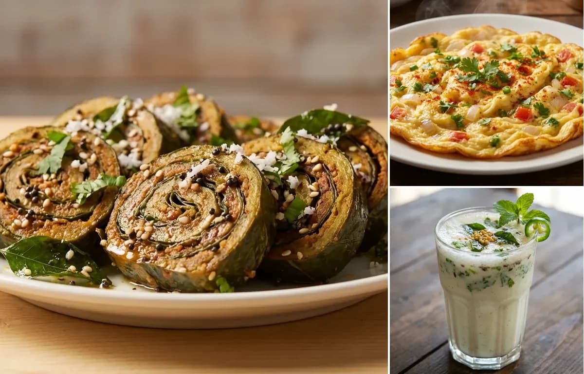 Patra, Masala Omelette and Masala Chaas