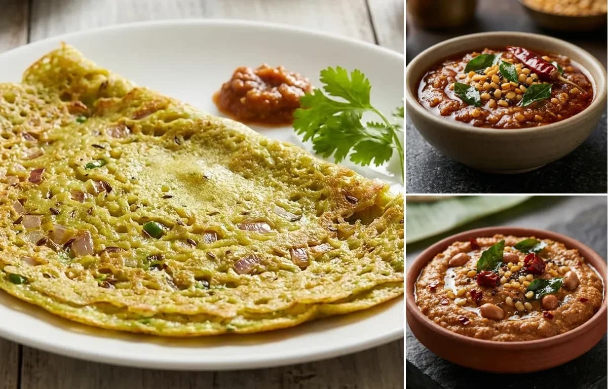 Pesarattu, Allam Pachadi and Peanut Chutney