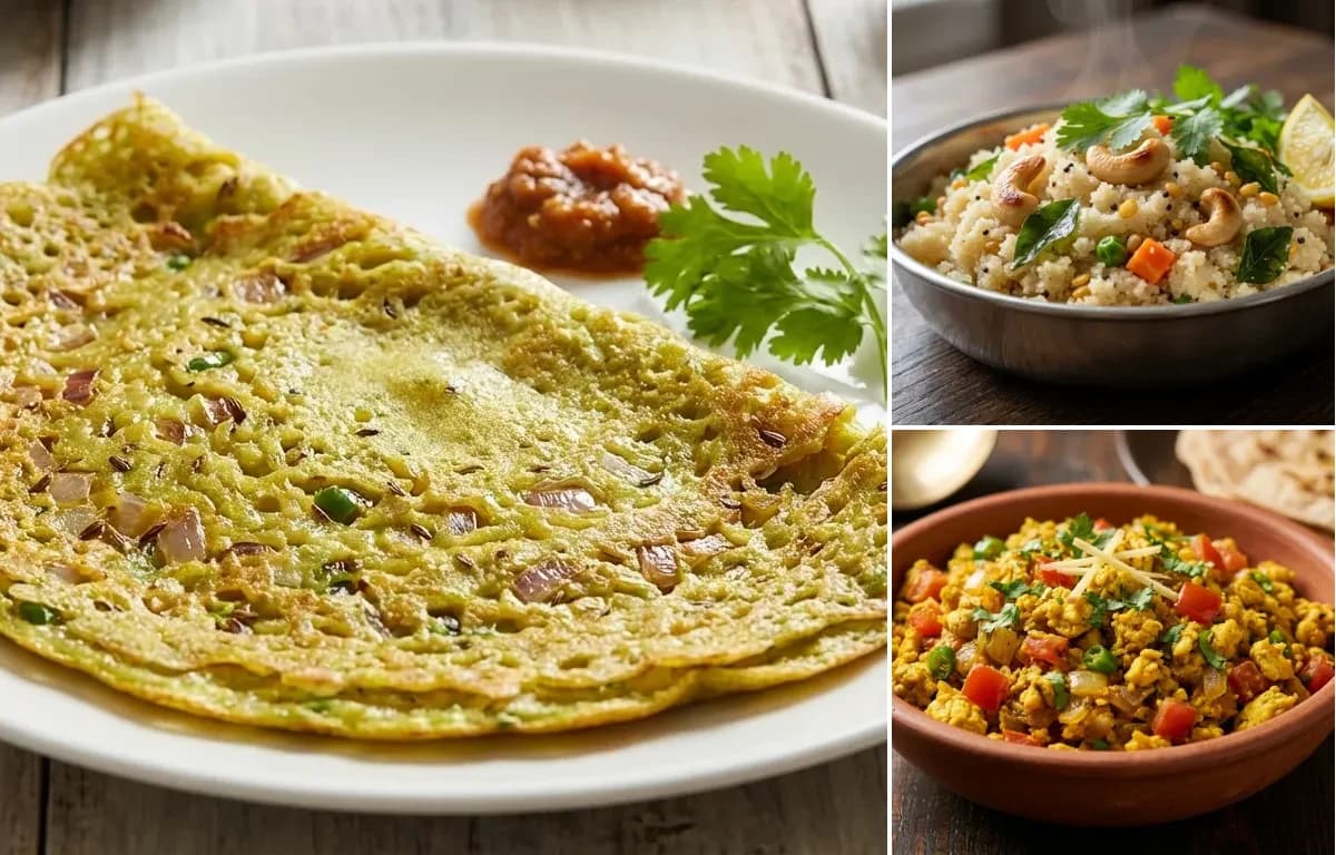 Pesarattu, Rava Upma and Egg Bhurji